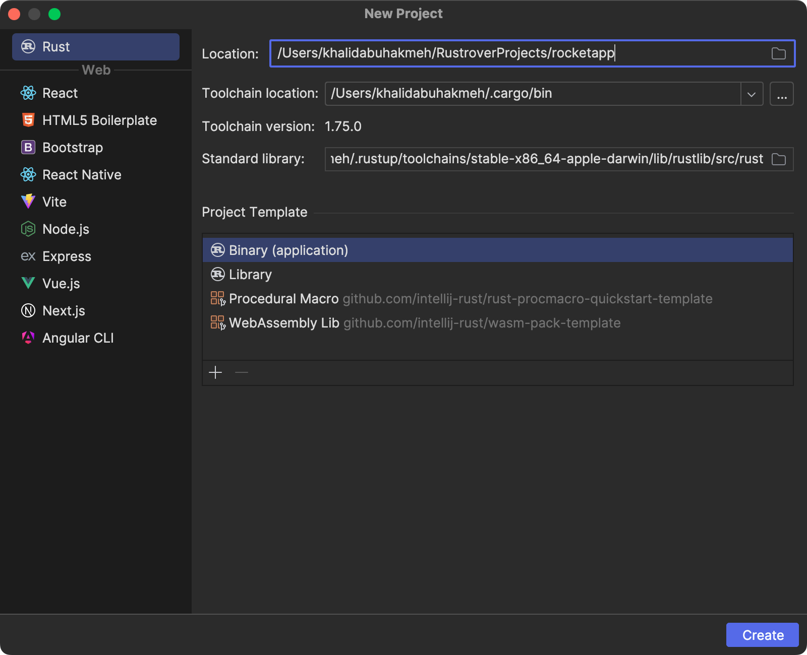 New Project dialog in RustRover showing a new Binary application.