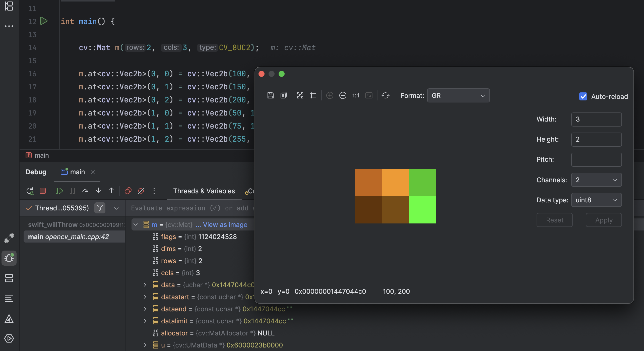 Viewing a two-channel OpenCV matrix as an image in the debugger